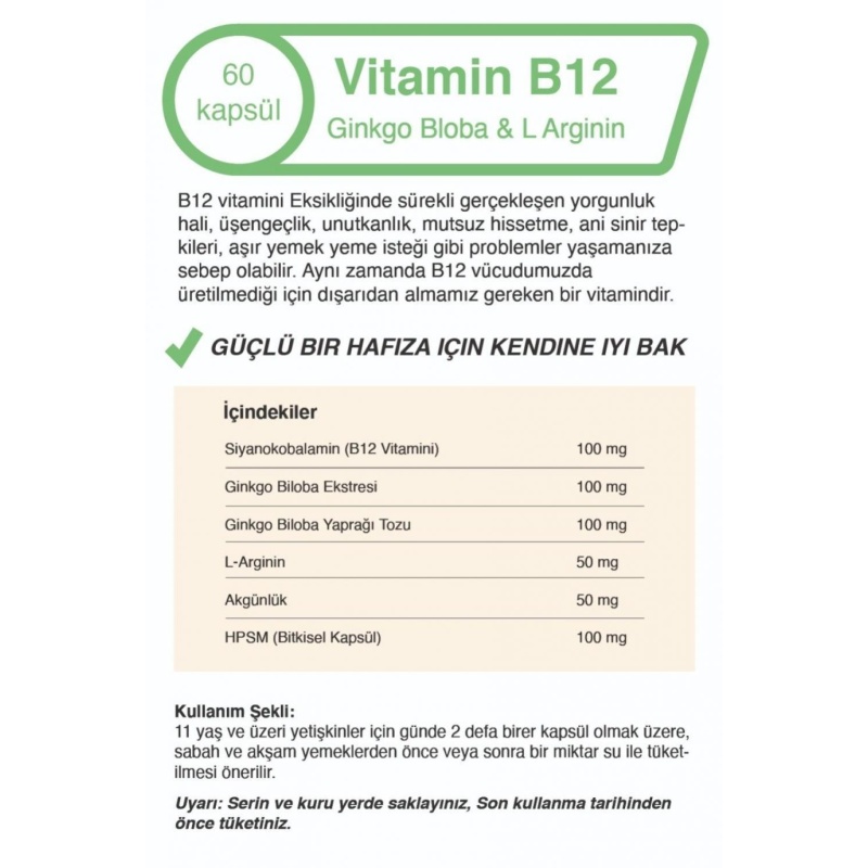 Vitamin B12 &Ginkgo Bloba Ekstresi & L Arginin